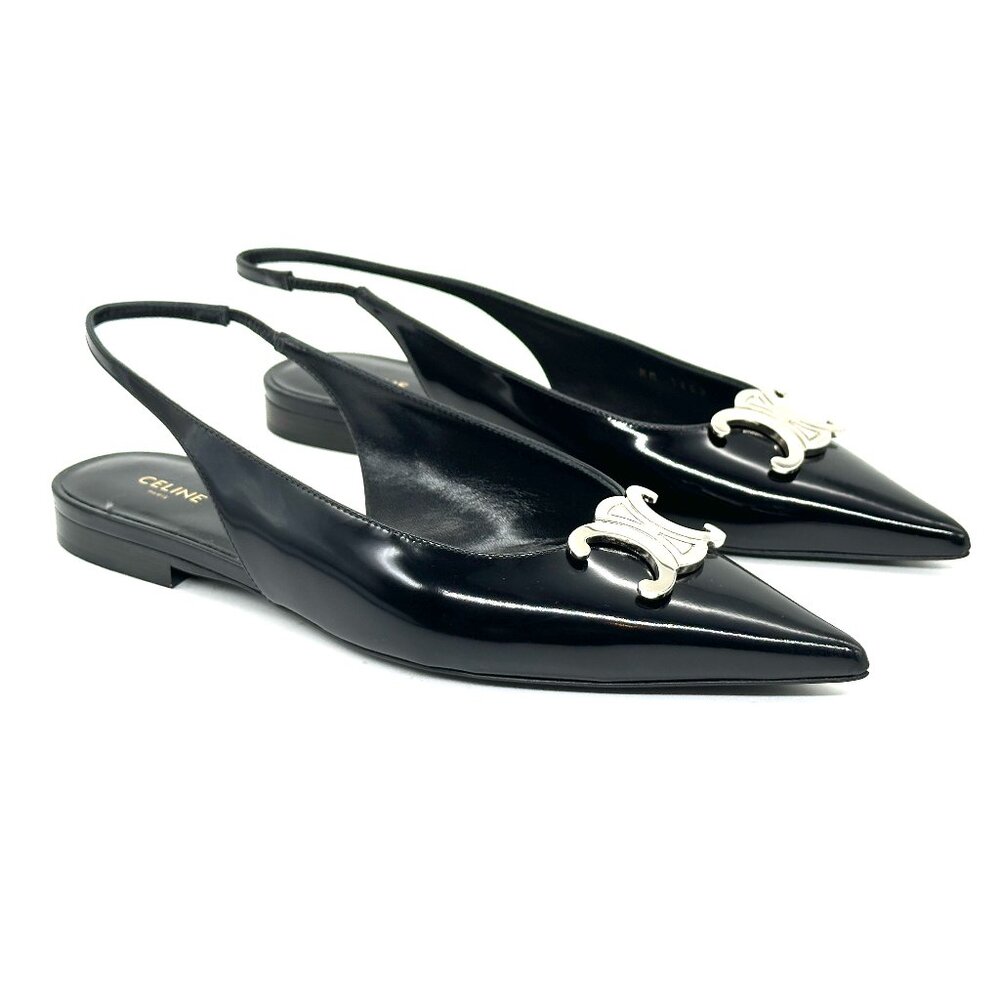 CELINE Alma Triomphe Logo Glossy Leather Flat Slingback Sandals Shoes - Picture 8 of 14